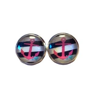 Nautical Anchor Glass Cabochon Silver Earrings!